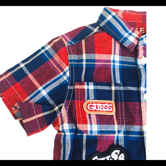 NWT GUESS Soul Print Plaid Button Down Shirt With Cap Sleeves Red/Navy Blue 2Y - Picture 3 of 8